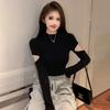 Women's Black Ribbed Slimming Semi-High Neck Knitted Top - Long Sleeve Autumn/Winter Fashion