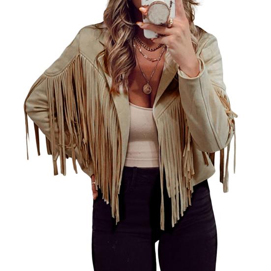 Women's Casual Tassel Jacket Long Sleeve Lapel Fringed Cropped Coat Faux Suede Motorcycle Outwear for Spring Autumn