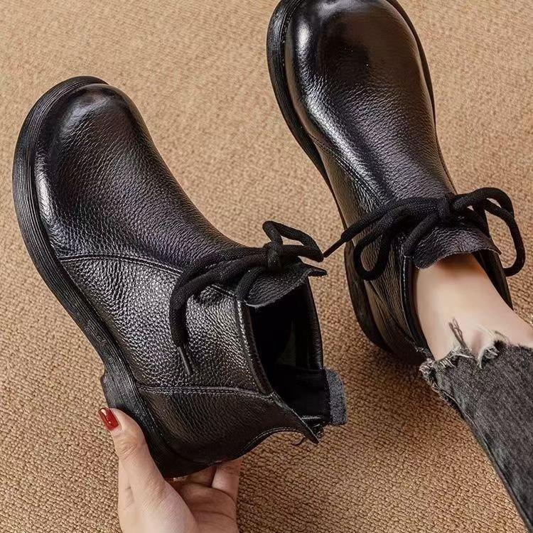 New Soft Leather Mother Martin Boots Short Cotton Boots Comfortable Soft Sole French Simple Women's Single Boots New Chinese Women's Shoes