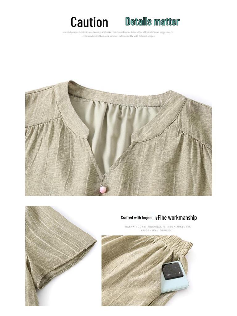 Letní bavlněno-lněný set: Dámský volný zeštíhlující dvoudílný outfit - Top a kalhoty se širokými nohavicemi pro matky středního a staršího věku