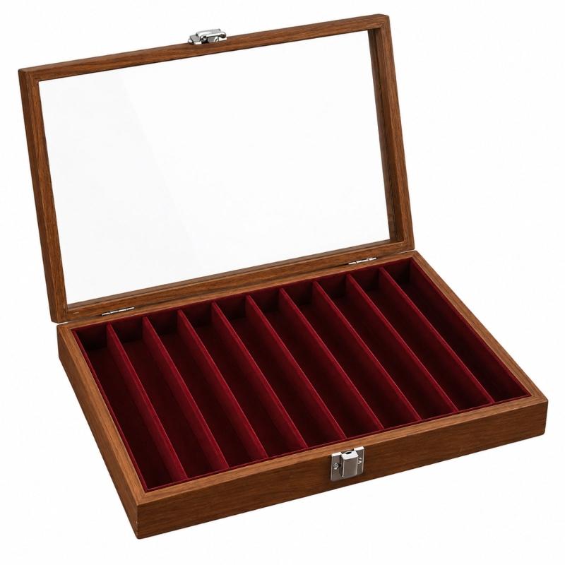 Necklace Storage Display Box with Clear Glass Lid, Separate Long Compartments, Front Clasp and Black Walnut Pattern