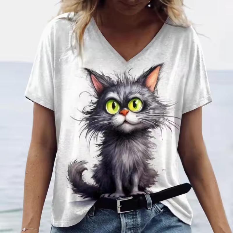 Damen V-Ausschnitt Kurzarm 3D T-Shirts Tiere Gedruckt Sommerkleidung Niedliche Cartoon Katze Damen T-Shirts Streetwear Oberteile