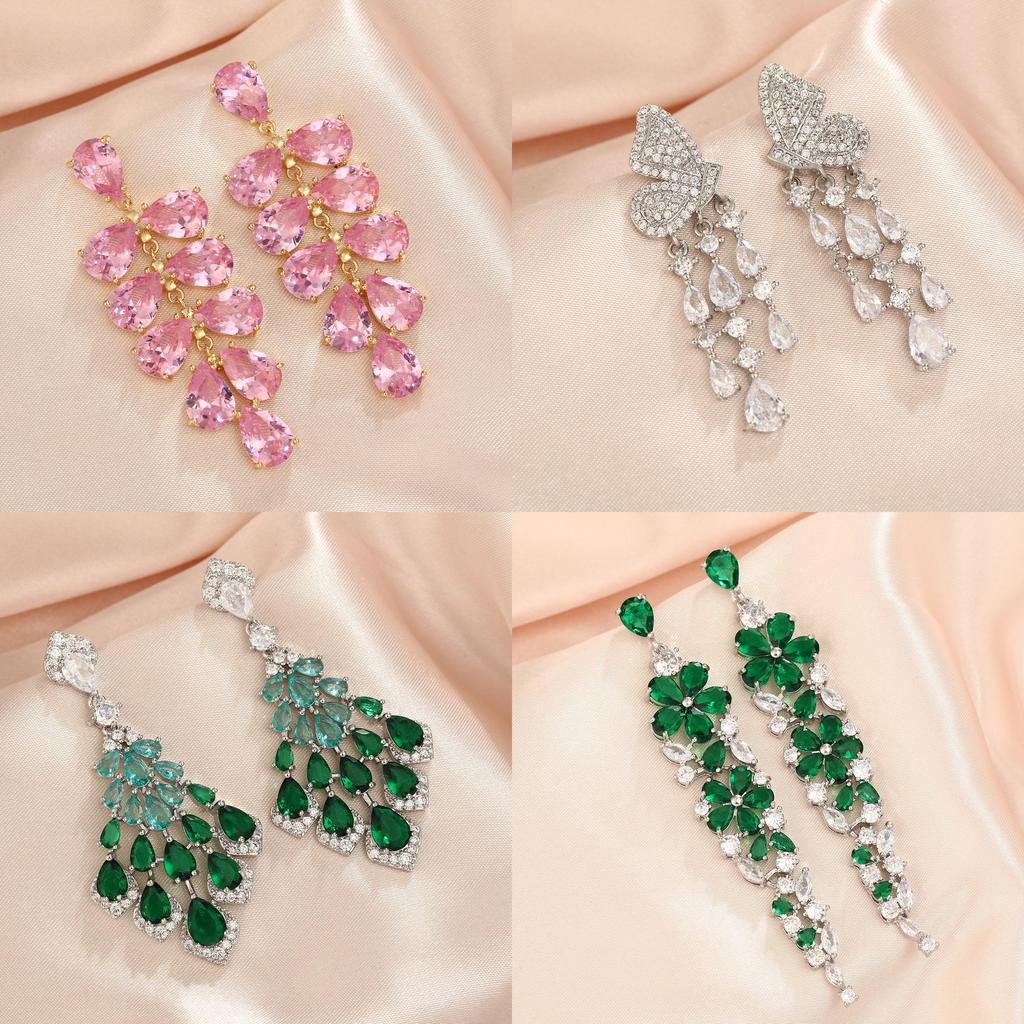 Floral Green Crystal Drop Earrings For Wedding And Party Wear