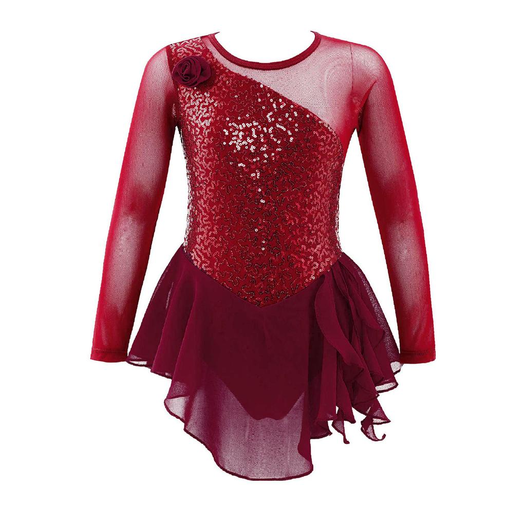 Girls Jazz Dance Bodysuit Rhythmic Gymnastics Stage Wear Sequin Tulle Splice Long Sleeves Cutouts Back Figure Ice Skating Athletic Skirted Leotard