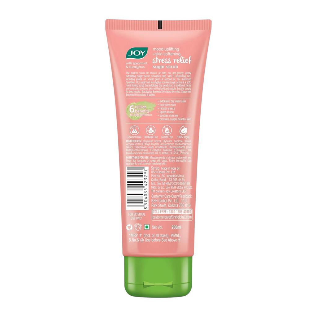JOY Mood Uplifting Skin Softening Sugar Scrub 200 Ml Pack of 1 | Exfoliating Face Scrub with Spearmint & Eucalyptus, 100% Vegan