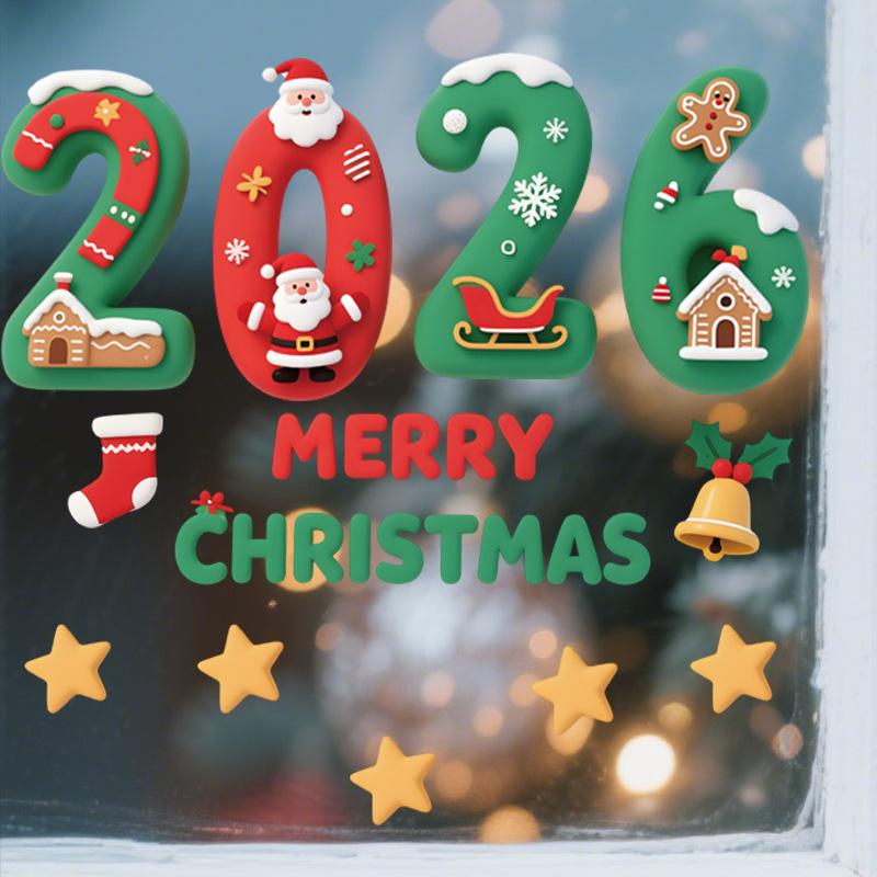 Christmas 2026 Cartoon 3D Digital Glass Sticker Shopping Mall Window Static Removable Window Sticker