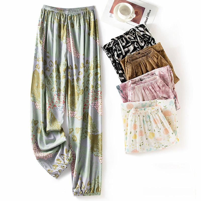 Pantaloni de pijama din bumbac mătase pentru femei, secțiune subțire de vară, anti-țânțari, pantaloni cu picior lat, culoare uni, pentru exterior, casă, petrecere a timpului liber, imprimeu, pantaloni de plajă până la genunchi