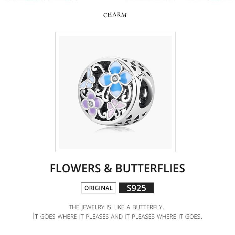 Bamoer Colorful Flowers & Butterflies Charm Authentic 925 Sterling Silver Pendant Fit Women DIY Making Bracelet Fine Jewelry Gift