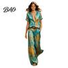 Lässiges Sexy Blusen 2-teiliges Set für Damen, Knopfleiste Kurzarmhemd Retro Urlaubsstil Und Weite Hosen Passende Sets, Sommer Bedruckt