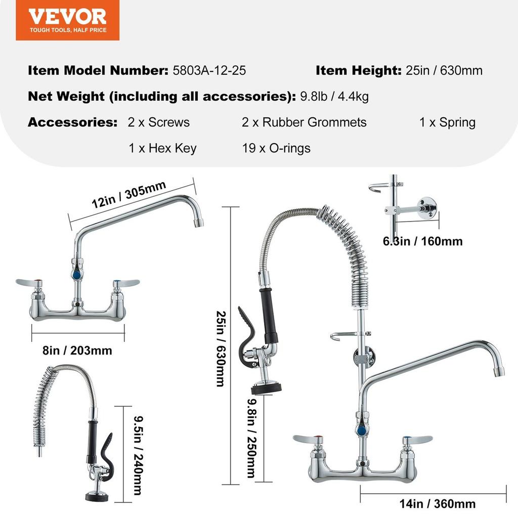 Commercial Faucet with Pre-Rinse Sprayer, 25" Height, 8" Center, 12" Swing Spout, Wall Mount Kitchen Sink Faucet, Brass Constructed Device with Pull