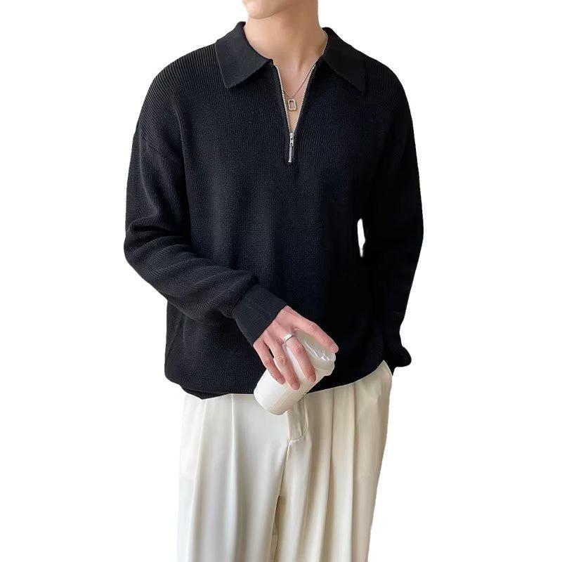 Korean Version Trendy Zipper Sweater Men's Lapel Korean Version Trendy Casual Long-sleeved Solid Color Knitted Sweater Top Jacket