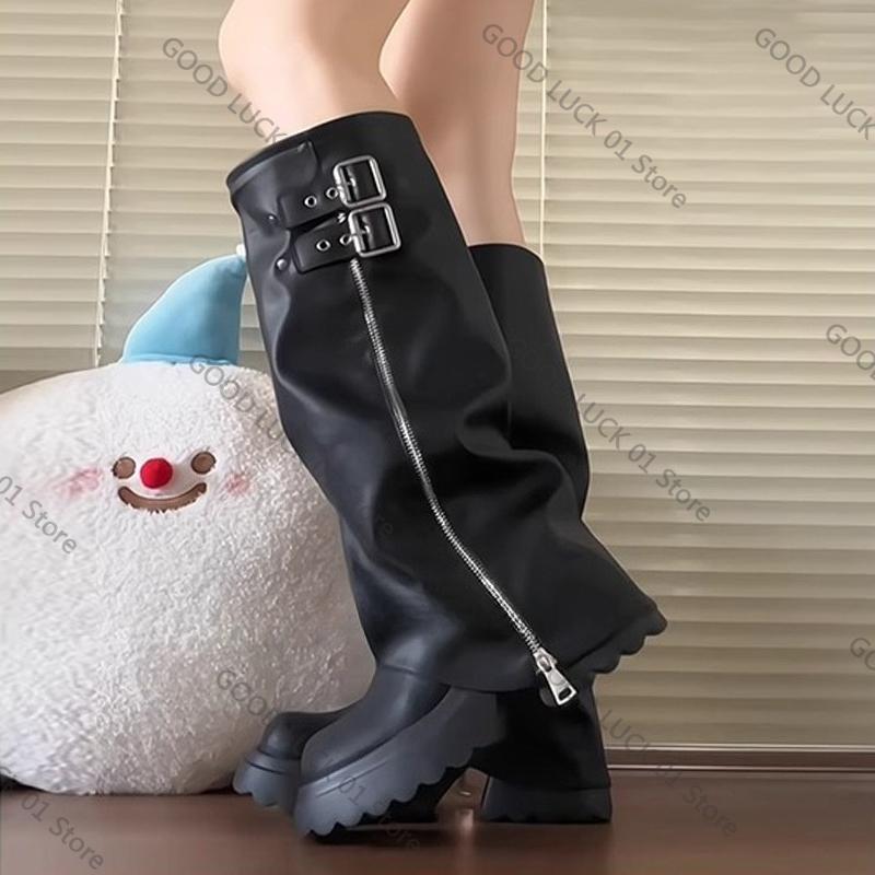 Fashion 2025 Punk Style Splicing Thick Bottom Women Knee-High Boots Fashion Zipper Female Pleated Knight Long Booties Shoes