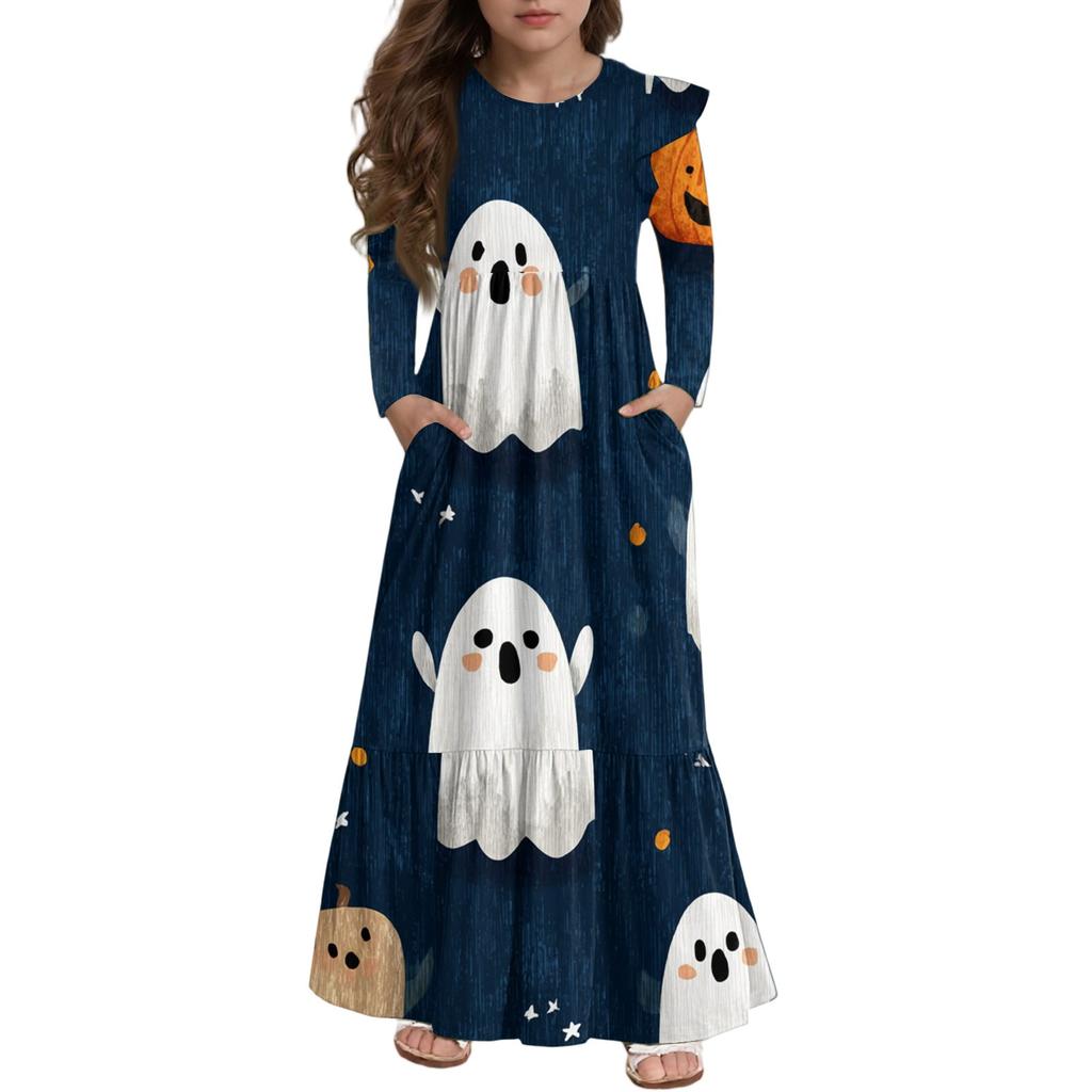 Girls' Tiered Ruffle Dress Halloween Day - Long Sleeve Printed Maxi With Pockets