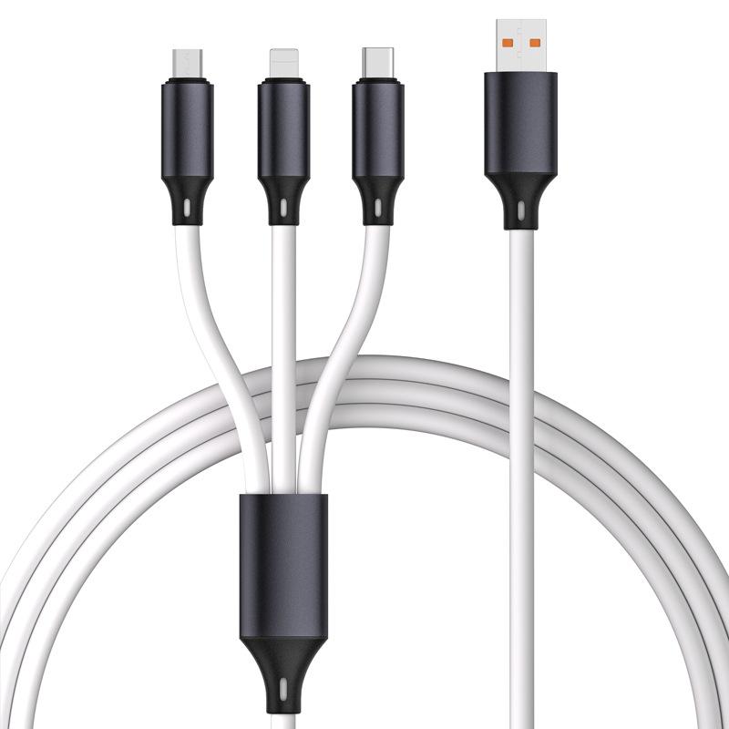 High Quality 1.2m Silicone USB Braid Shielding Universal 2-in-3 Multiple Interfaces 3A Fast Charging for Mobile Phones Metal