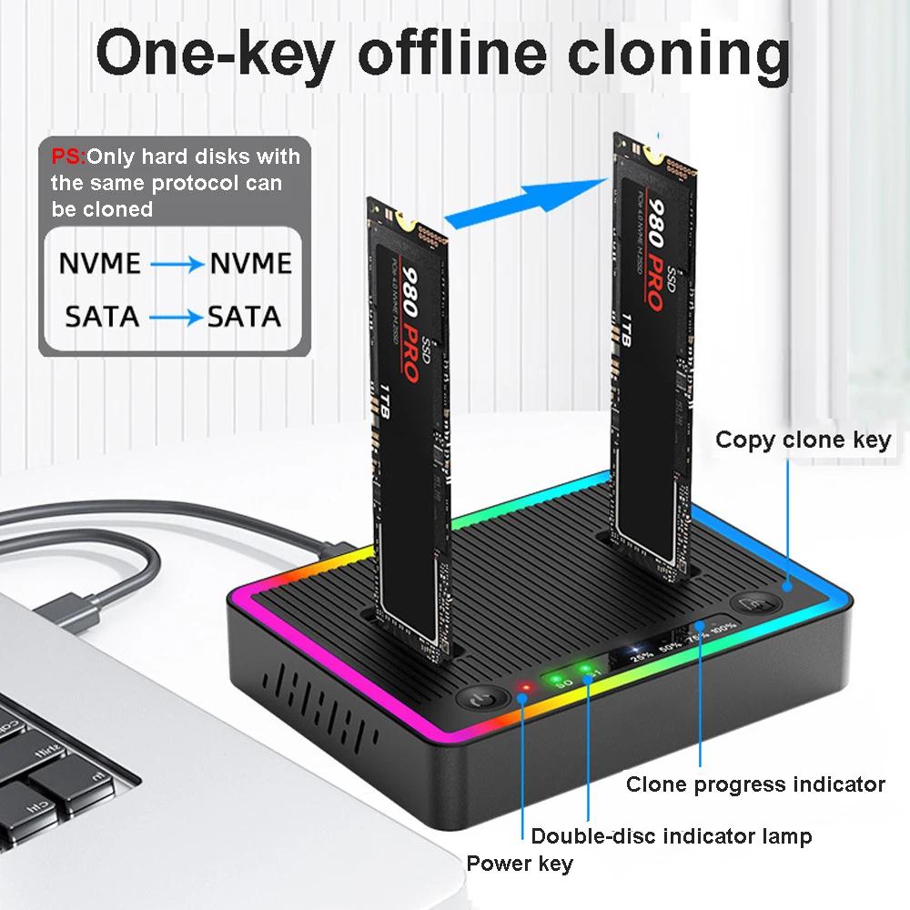 M.2 NVMe/SATA Dual-Bay Hard Drive Docking Station Offline Clone Hard Disk M.2 SSD Duplicator USB3.2 GEN2 SSD Adapter Enclosure