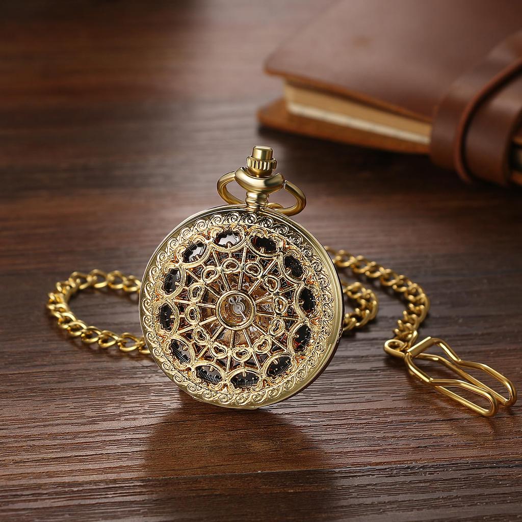 Antique Mechanical Automatic Pocket Watch, Silver: Skeleton Roman Numerals, Analog, Retro Pendant Watch with Gold Chain - Perfect Gift for Birthdays,