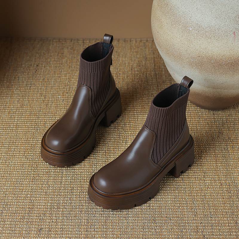 Krazing Pot Microfiber Autumn Winter Shoes Thick High Heels Thick Bottom Size 43 Motorcycle Boots Stretch Knitwear Ankle Boots