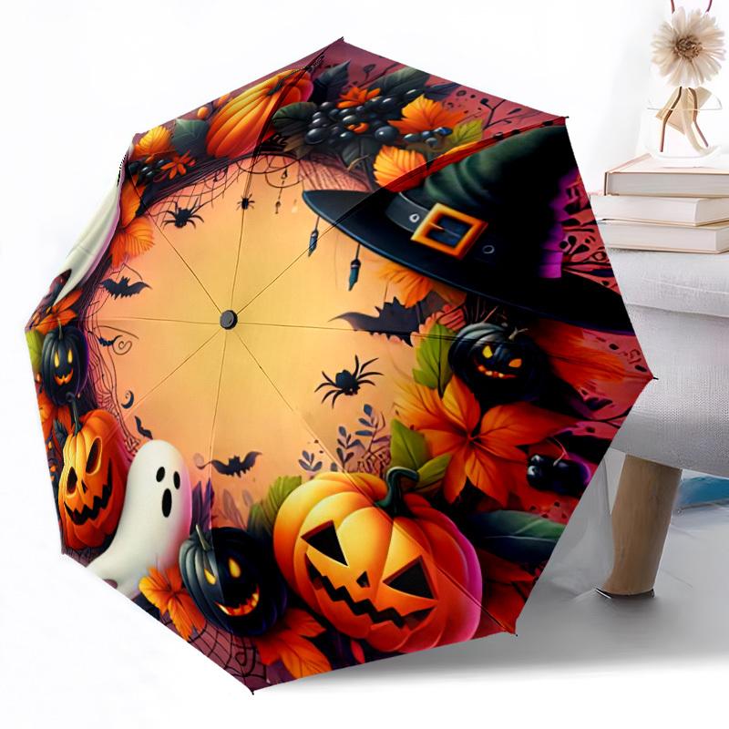 Halloween Wreath With Pumpkins Ghosts And Bats Automatic Umbrella With 8Rib Foldable Design Travel Essential Outdoor Accessory Birthdaychristmas Gift