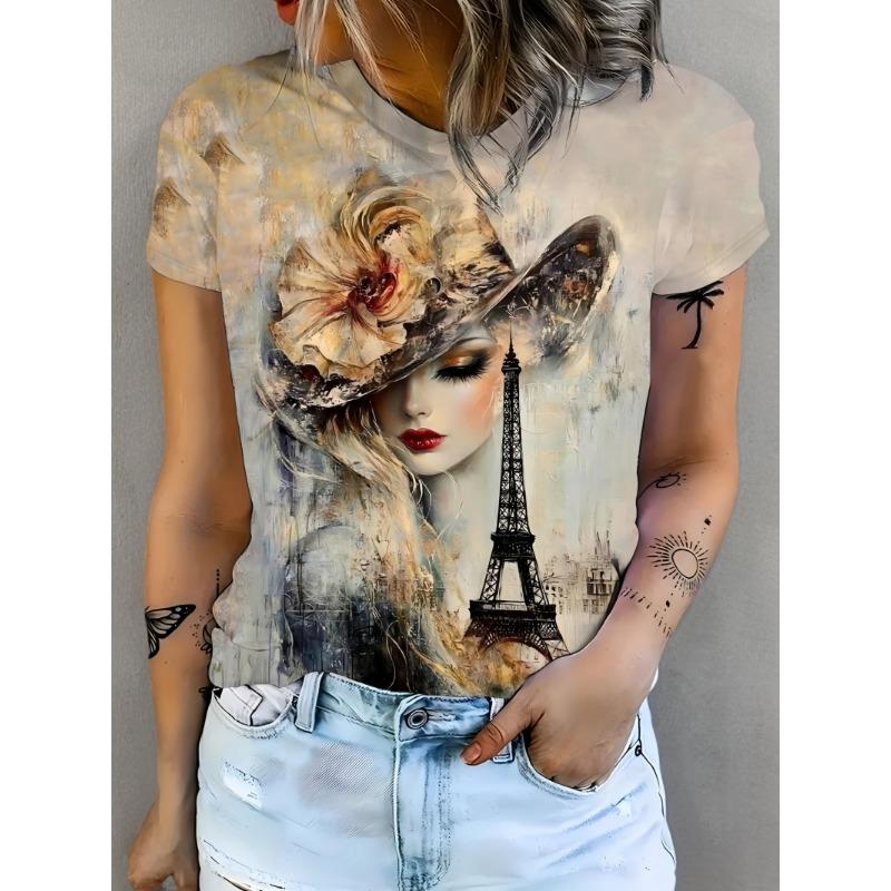 

Oil Painting Girl and Tower Printed T-shirt S
