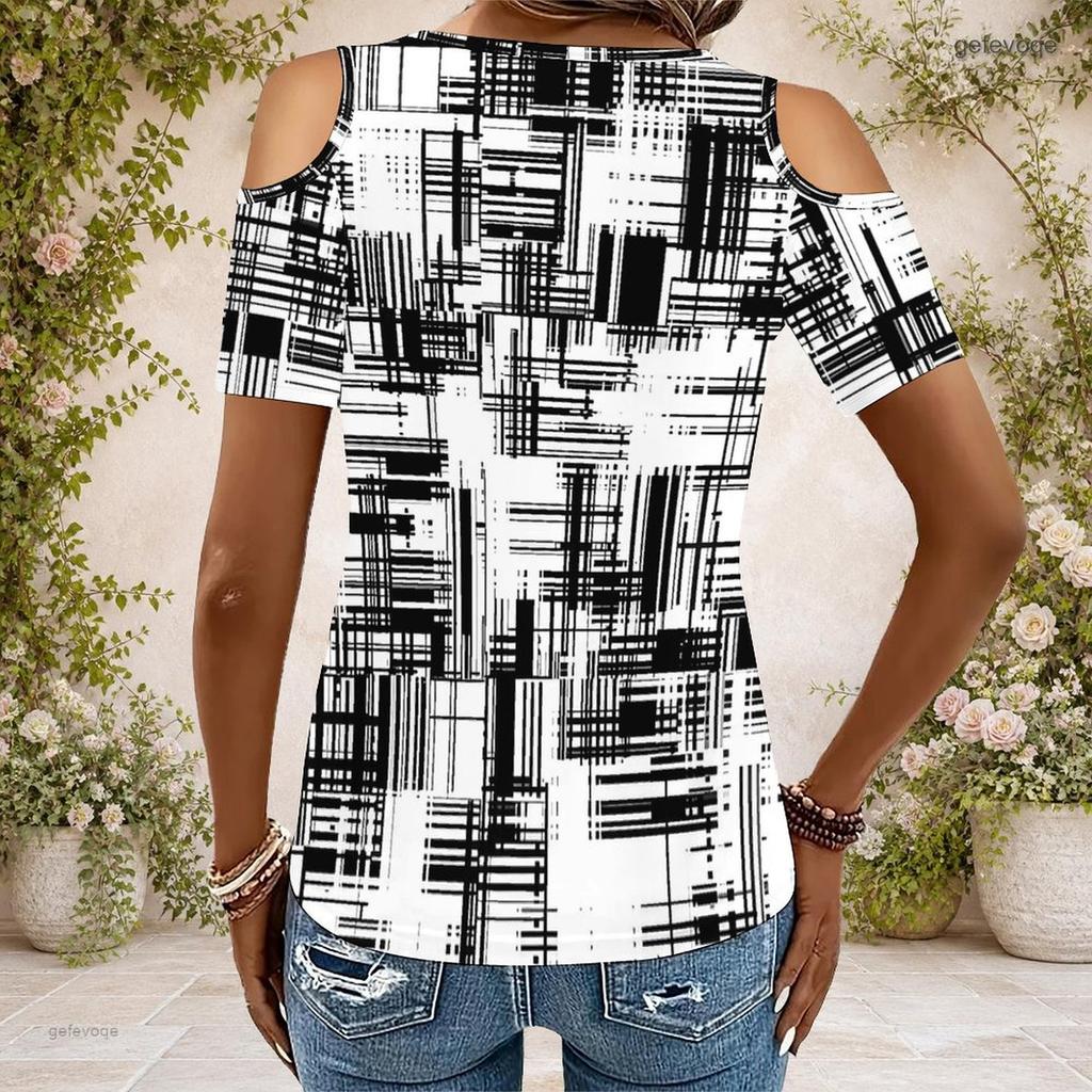 Women Plus Size Keyhole Ring Neck Cold Shoulder Short Sleeve Tie Dye Print T Shirt