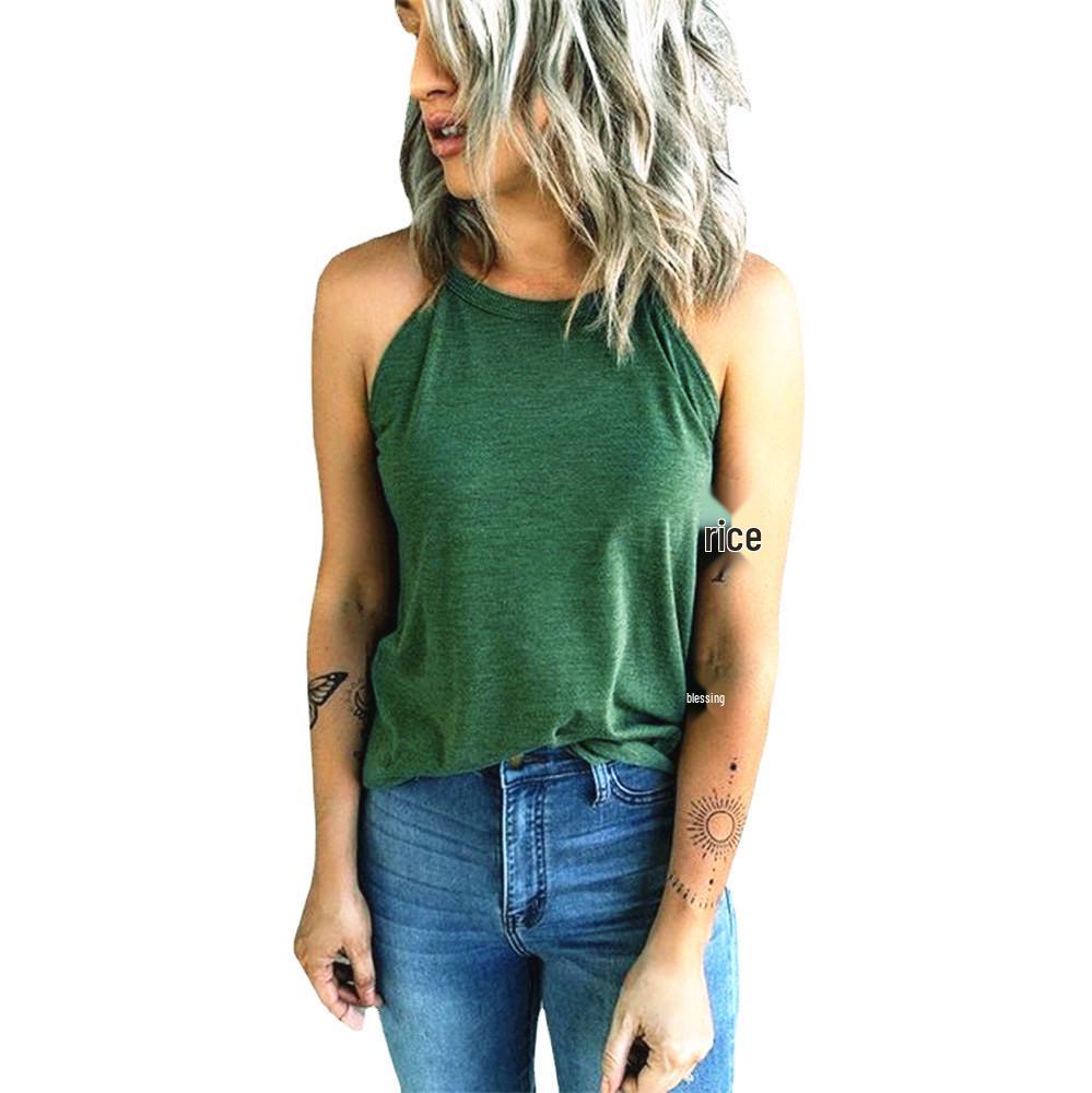 

Летняя облегающая женская майка с открытыми плечами - Однотонная с круглым вырезом L зелёный