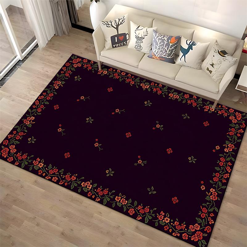 Floral Pattern Carpet with Red Flowers and Black Background, Modern Style Suitable for Use As an Anti-slip for Living Room Bedroom Sofas