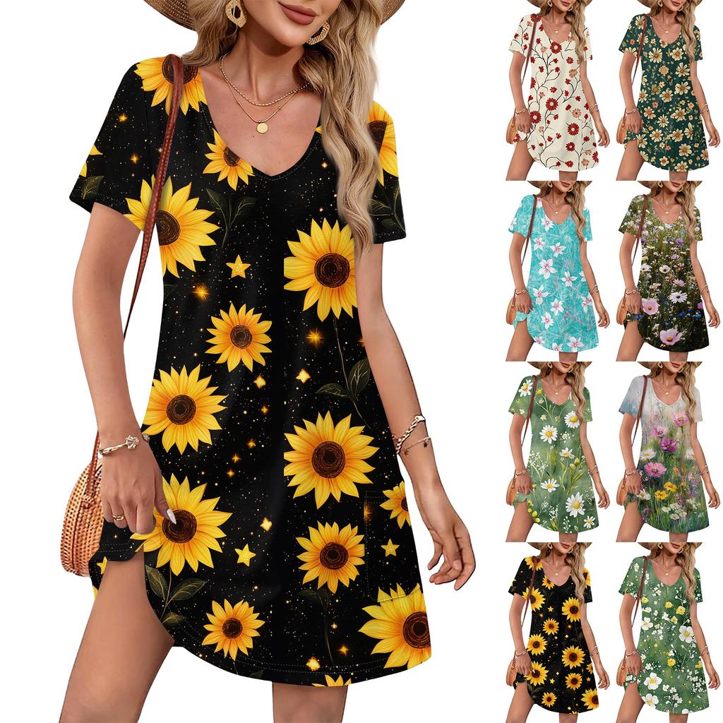 Summer Dresses For Women Loose V Neck Short Sleeve Casual T Shirt Dress Sundresses Swimsuit Coverup With Pockets