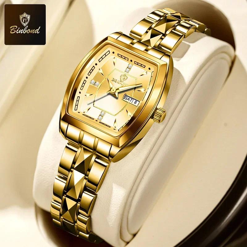 New BINBOND Luxury Quartz Womens Watch Ellipse Diamond Dial Stainless Steel Band Waterproof Luminous Top Brand Women Wristwatch