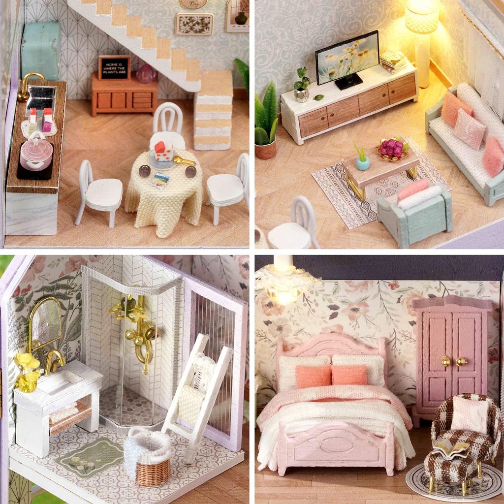 Spilay DIY Wooden Miniature Dollhouse Kit with Furniture Decorative and LED 3D Puzzle Toy for and Perfect for and Christmas Ages 14 and Up Set,