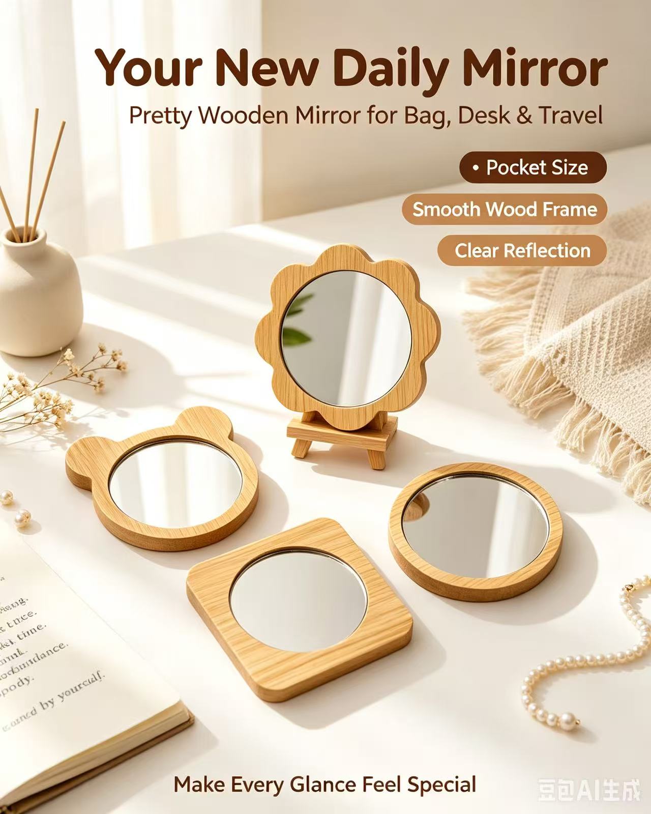 Wooden Small Round Mirror Portable Pocket HD Mirror Wood Mini Makeup Mirror Custom Bamboo Pocket Mirror Compact Mirror