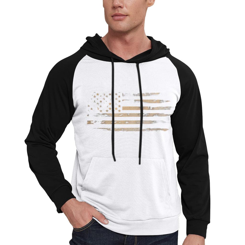 Men's Casual Hooded Drawstring Long Flag Print Sweatshirt With Pockets