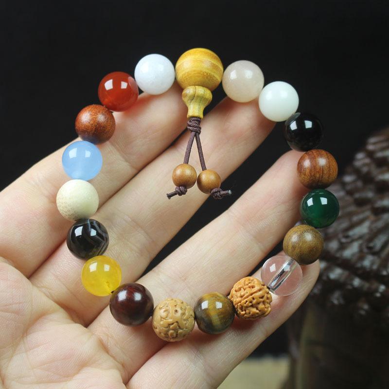 Traditional Chinese 18 Bodhi Seeds Mala Bracelet, Lingyin Style Multi-Treasure Prayer Beads for Couples