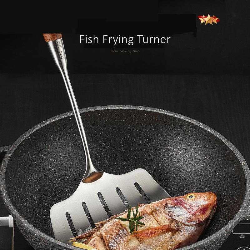 LFGB Certification 304 Stainless Steel Cooking Spatula Solid Wood Handle and Leakage Design Fish Turner Family Stiring Shovel