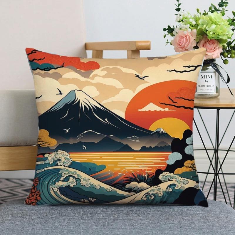 Home Decor Japanese Style Fujiyama And Wave Pillow Covers Pattern Cushion Cover Suitable For Sofa Bedroom Car Pillow Cover