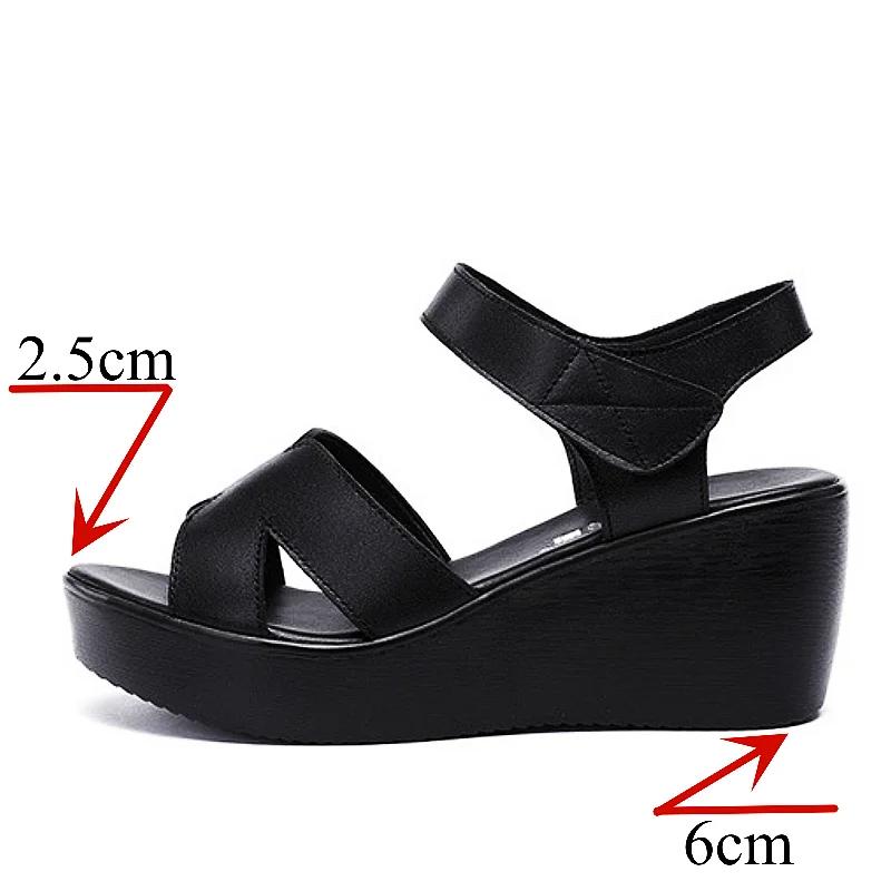 Small Plus Size 33-43 Soft Leather Shoes Women Med Heels Wedges Sandals 2025 Summer Thick Platform Sandals Office Beach Mom