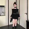 Autumn new French scheming chic design sense versatile one-word shoulder horn sleeve streamer dress women