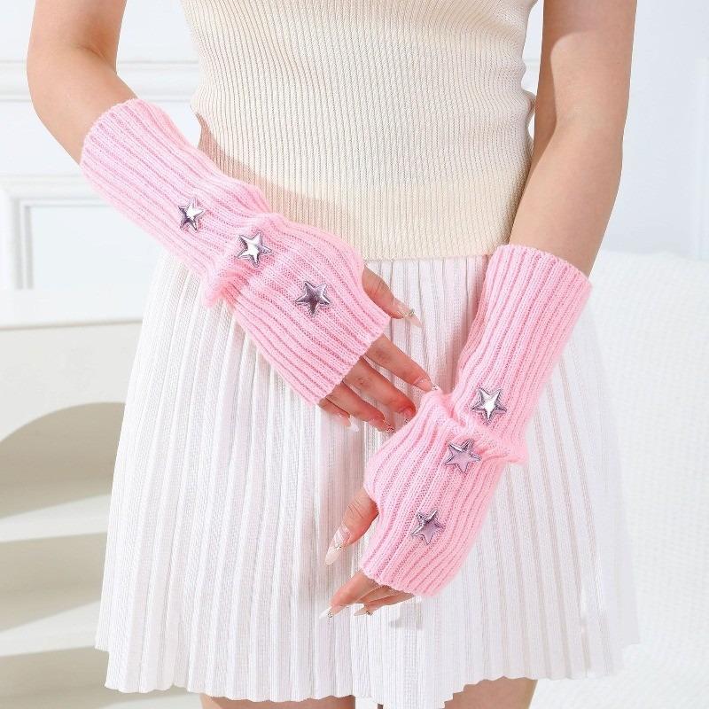 Women's Sweet Lolita Fingerless Gloves White Long Hand Gloves Warm Knitted Arm Sleeves Gothic Girls Cute Shiny Stars Arm Warmers