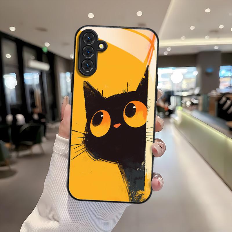 Süße schwarze Katze gehärtetes Glas Handyhülle geeignet für Samsung Galaxy S26 S25 S24 S22 S21 S20 FE/Ultra/Plus stoßfeste Rückabdeckung