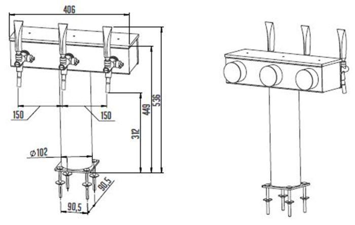 Sloup na čepování piva - ICH-ZAPFE.DE - Model T Velký - 3 linie - Šedý - Pípací zařízení