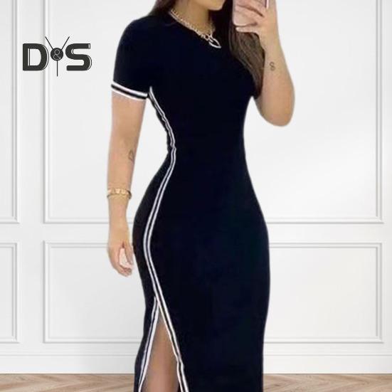 Vestito estivo da donna con scollo a V, spacco laterale, vestibilità attillata, tinta unita, maniche corte, a righe, lunghezza al ginocchio, casual, lungo