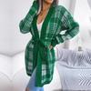 Autumn Winter Women Plaid Knitted Cardigan Sweater with Lantern Sleeve and Strap