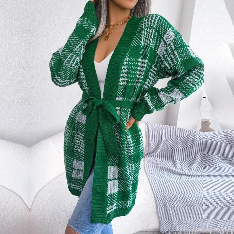 Autumn Winter Women Plaid Knitted Cardigan Sweater with Lantern Sleeve and Strap
