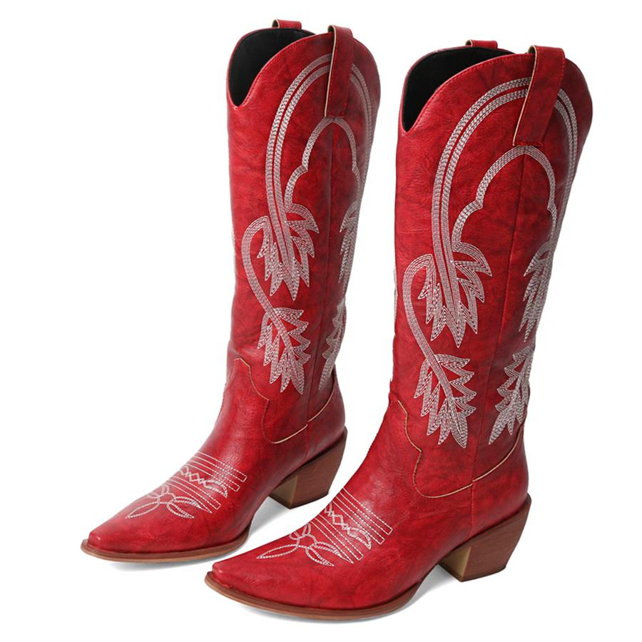 FOREADA Women Knee High Cowboy Long Boots Pointed Toe Chunky High Heels Embroidery Wester Gogo Boots Ladies Fashion Shoes Winter Red