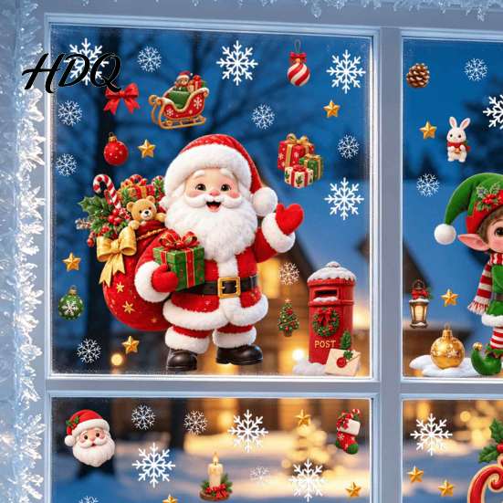 Decorative Glass Stickers for Christmas Window Cling PVC Waterproof Santa Claus/ Elf Snowman/Elk/House Stickers Reusable Film Holiday Home
