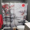 Shower Curtain Red Plum Blossom Branch Japanese Chinese Oriental Sun Misty Mountains Ink Nature Landscape Bathroom Curtains
