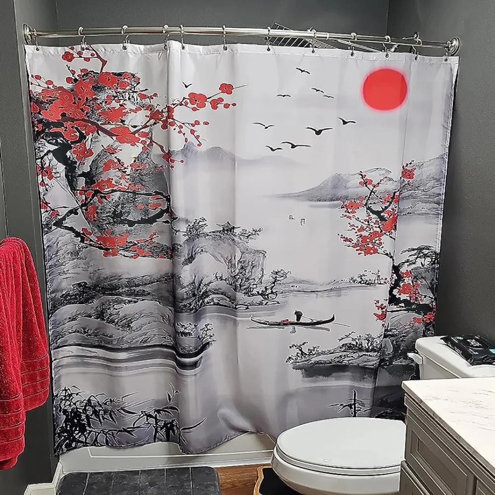 Shower Curtain Red Plum Blossom Branch Japanese Chinese Oriental Sun Misty Mountains Ink Nature Landscape Bathroom Curtains