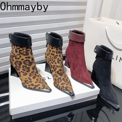 Značkové ženy na vysokém podpatku moderní kotníkové boty móda se špičatou špičkou leopardí krátké kozačky podzim zima dámská obuv pro volný čas