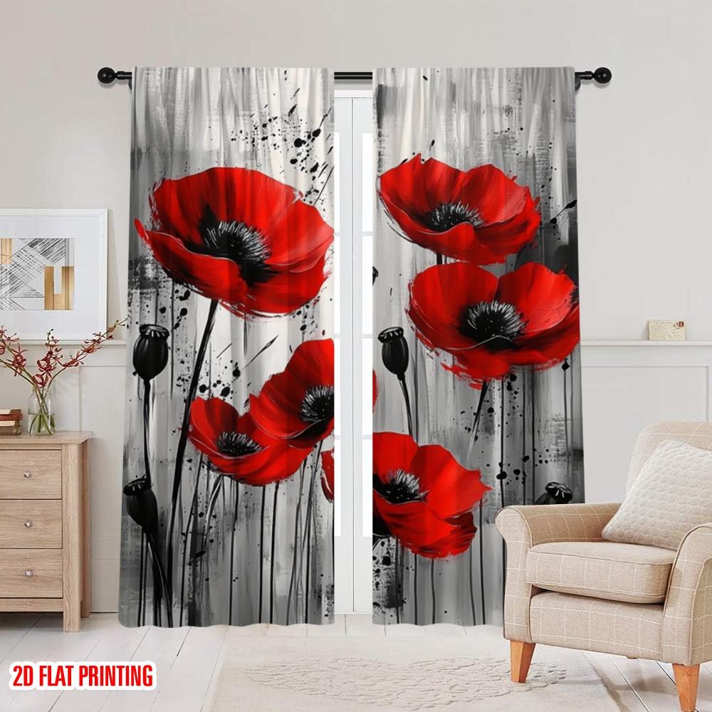 2 Stück, 2D-Flachdruck Fenster Vorhang Rote Mohnblüte Ausbruch Vielseitiger Polyesterstoff (ohne Stange) Alle Jahreszeiten Ldeal zum Wohnen