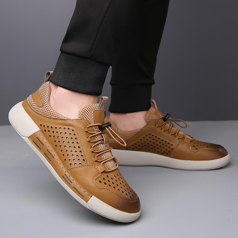 Fashion Summer Men's Hollow Breathable Leather Boots Outdoor Flat Bottomed Comfortable Sports Shoes Fashionable and Casual Oxford Shoes