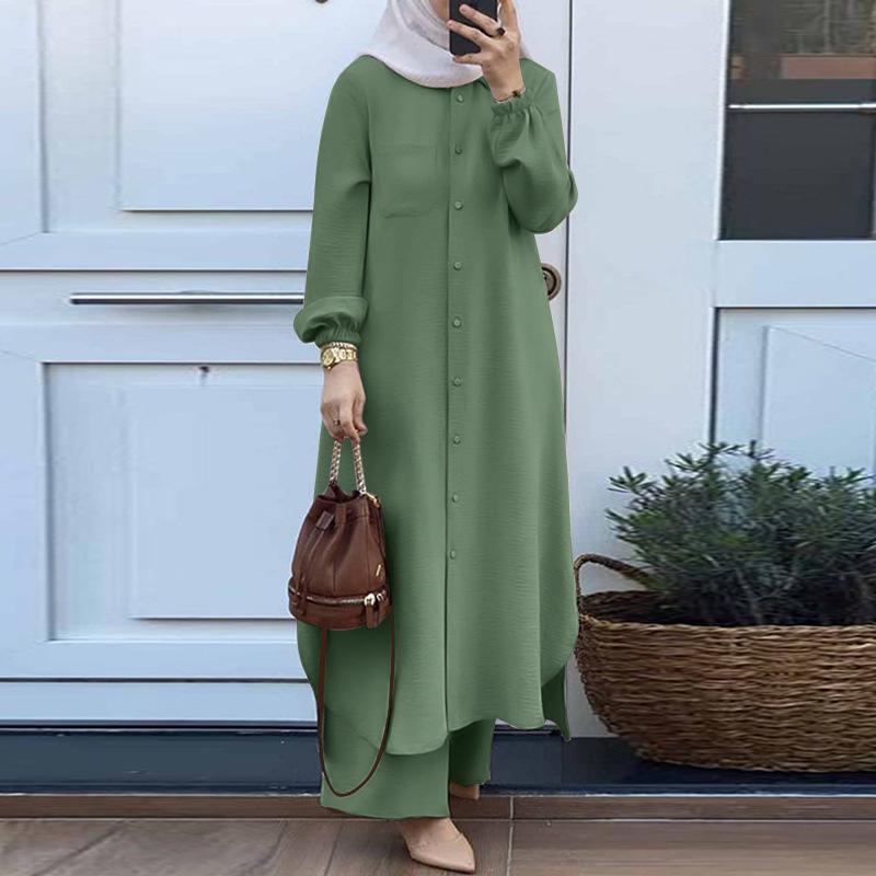 Arab Style Muslim Women's Two-Piece Set: Long-Sleeved Shirt & Pants for Spring/Autumn